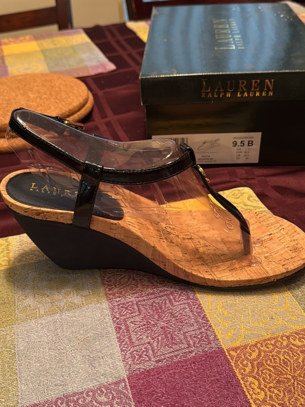 Ralph Lauren Navy Blue Patent Leather Cork Wedge Sandals - Picture 3 of 5